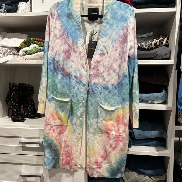 LE SUPERBE NWT revolve cashmere & wool long tie dye cardigan sweater size large - Picture 10 of 11